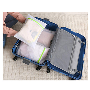 Open blue hardshell suitcase showing interior compartments with gray lining and transparent packing organizers.