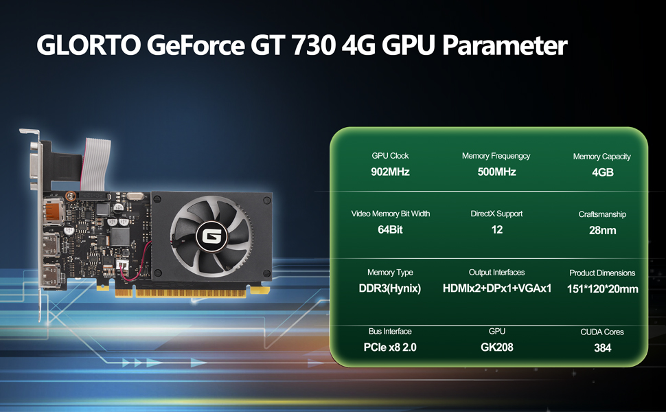 Glorto GeForce GT 730 4G Low Profile Graphics Card, 2X HDMI