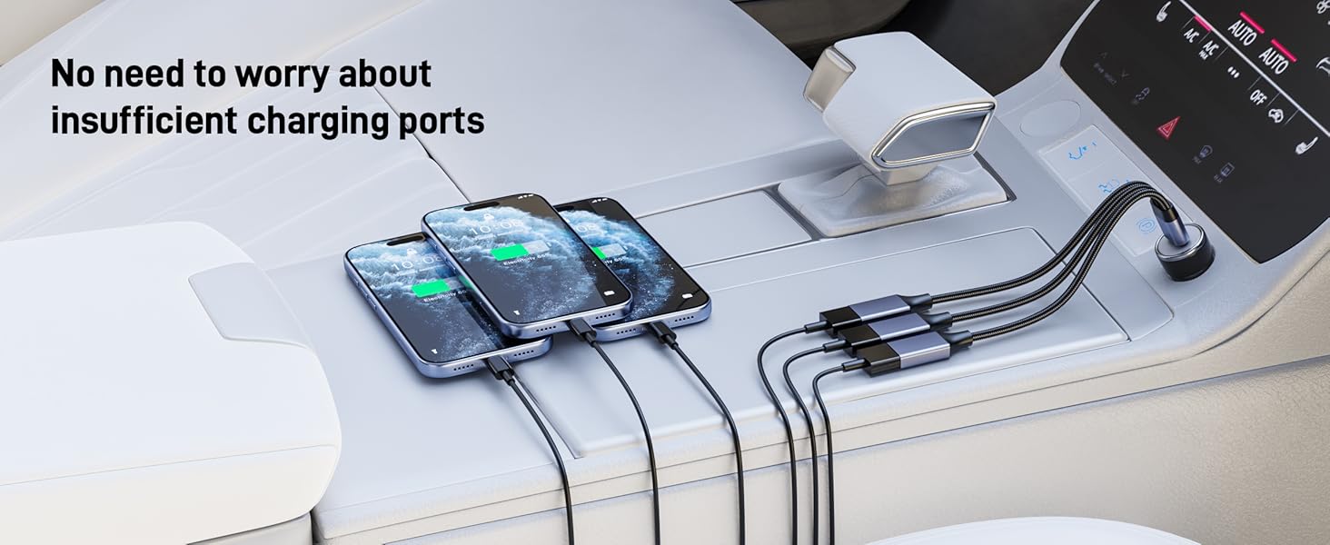 Text reads 'No need to worry about insufficient charging ports anymore'. Shows charging device or adapter with multiple ports and connection options.