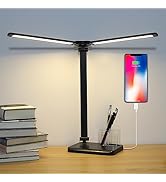 Qooltek LED Desk Lamp with Adjustable Dual Head and USB Charging Port, Bedside Reading Light with...