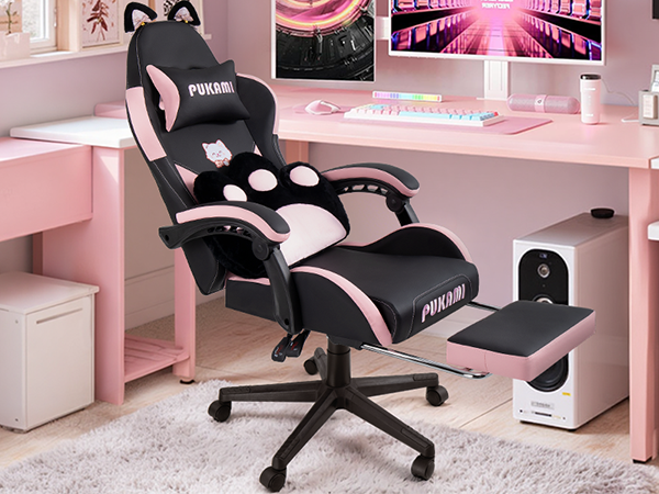Gaming Chair with Cat Ears and Cat Paw Lumbar Cushion, Cute Ergonomic Gaming Computer Desk Chair