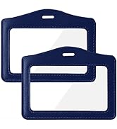 Larpur Pack of 2 ID Badge Holders, Horizontal Leather Card Case with Clear ID Window, Blue - Doub...