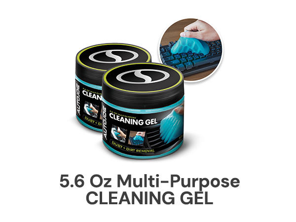 2 cans of cleaner gel and a hand cleaning a keyboard. 5.6 Oz Multi-Purpose Cleaning Gel.