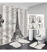 Chrainy 4Pcs Paris Eiffel Tower Shower Curtain Sets Bathroom Set Decor with Non-Slip Rugs Bath U-...
