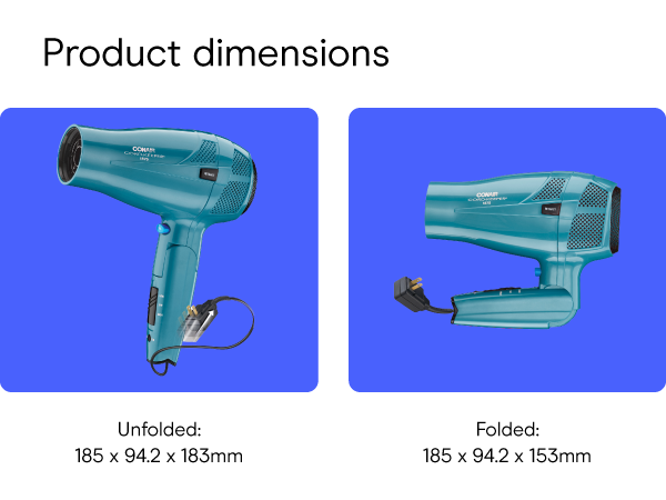 Conair small, mini, and compact hair dryer for travel. Handle folds for easy storage.