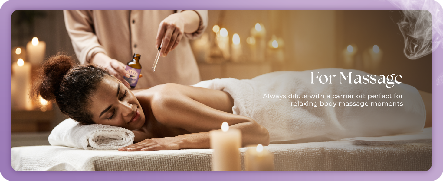 A glass bottle of SIVA Lavender essential oil being used for aromatherapy in a diffuser.