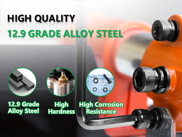 Product specification diagram highlighting 12.9 grade alloy steel material properties, showing hardness and corrosion resistance features.