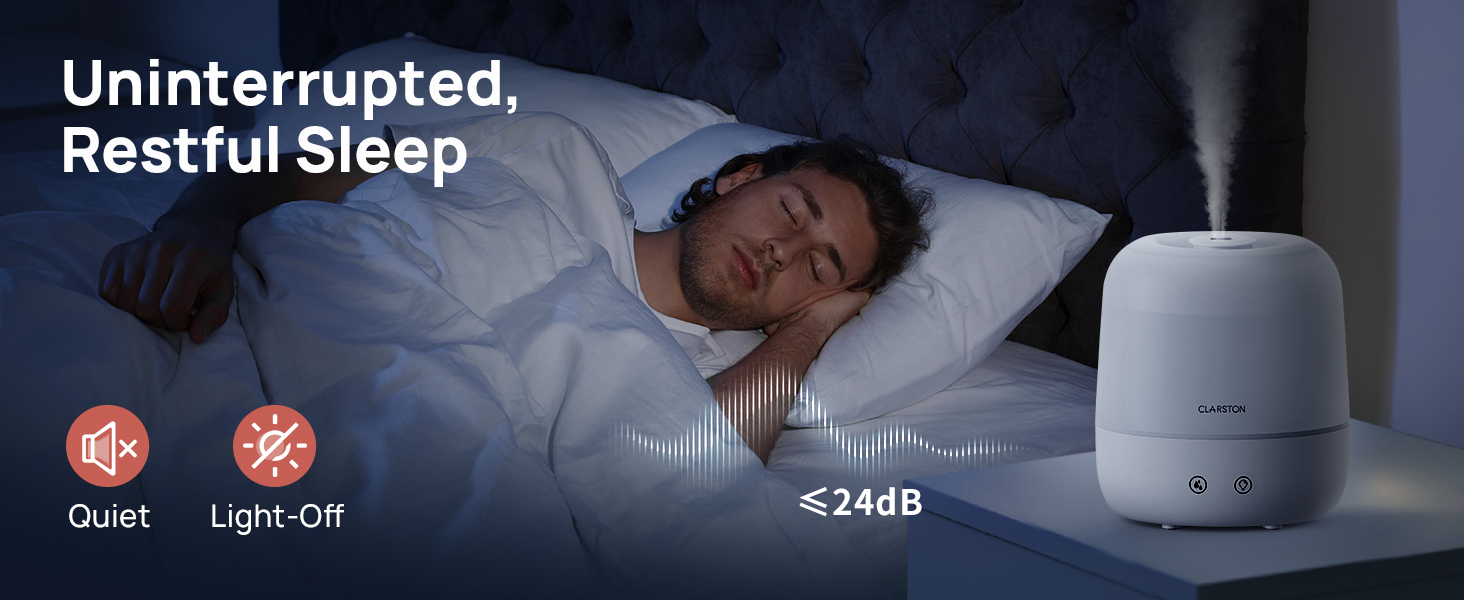 Operating at ultra-low 24 db, and light-off design, allowing all-night undisturbed, restful sleep