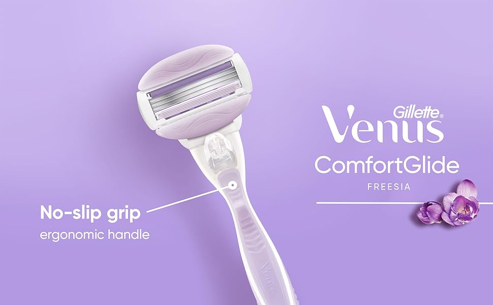 Gillette Venus ComfortGlide Freesia scented razor with an ergonomic handle for a no-slip grip. 
