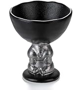 KAMMAK Ceramic Candle Holder with Silver Rabbit Figurine Base -Matte Black Scalloped Bowl Pedesta...