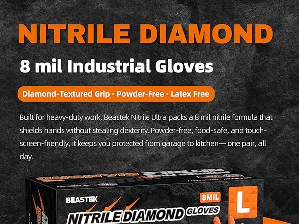 Beastek 8 mil nitrile gloves ultra industrial standard diamond textured grip powder free latex free