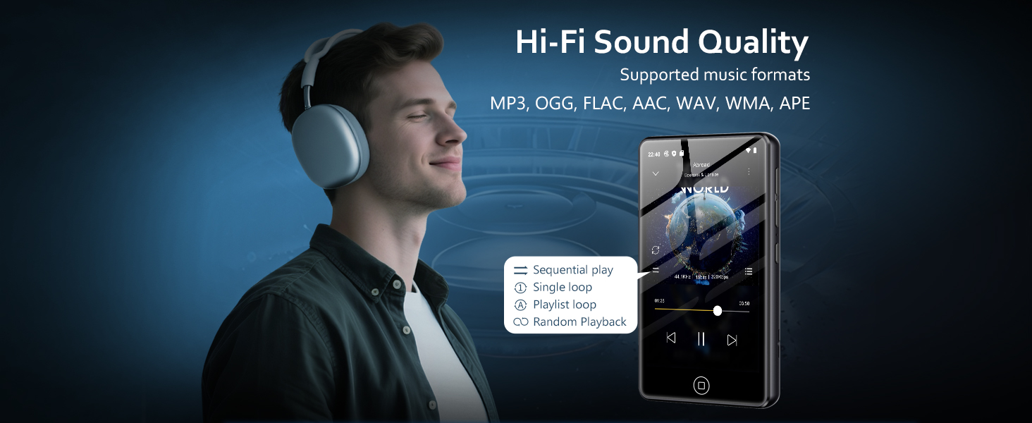 Text reads: 'Hi-Fi Sound Quality'. Dark background product images showing audio equipment with blue lighting effects.