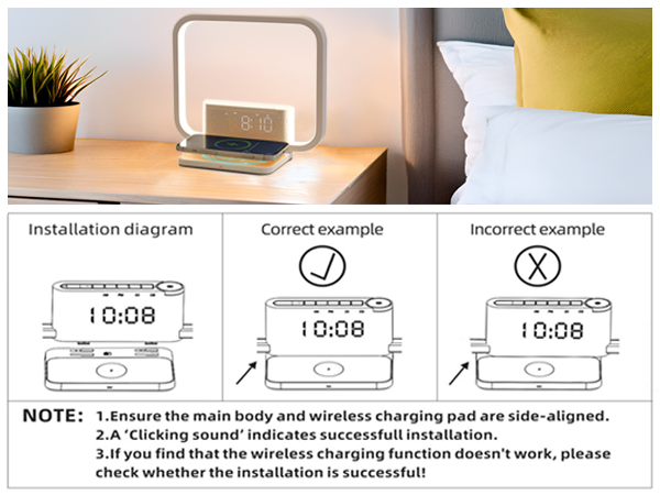 Dual Alarm Clock Bedside Table Lamp with Fast Wireless Charger Station