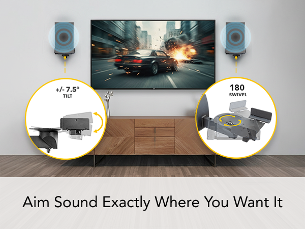 Angled speakers on wall mounts directing sound toward the listening area.