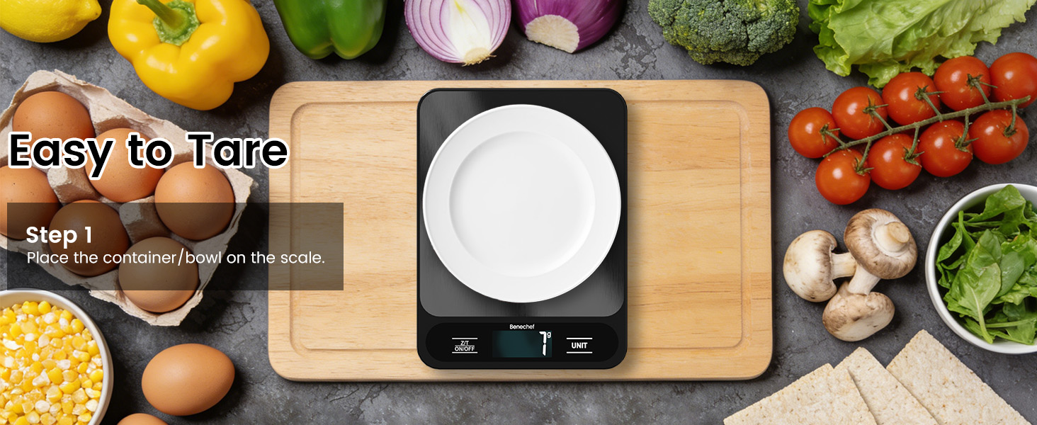 Easy to Tare Step 1:Place thecontainer/bowlon the scale.