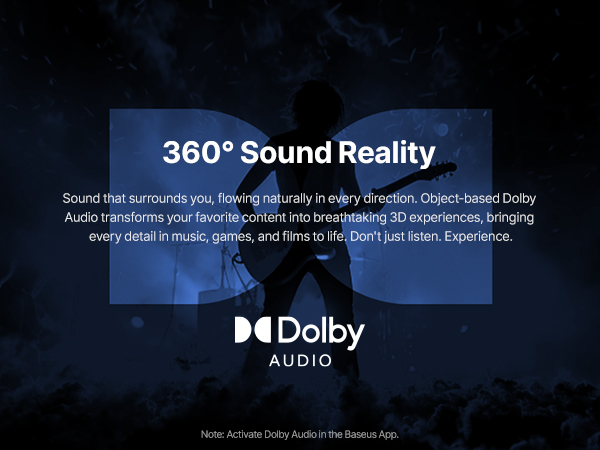 Text reads '360° Sound Reality' and 'Dolby Audio'. Series of dark promotional images showing soundwaves and audio visualization patterns in blue tones.