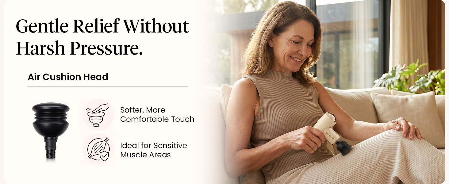 Woman uses the air cushion head on her thigh beside a close-up of the soft attachment.