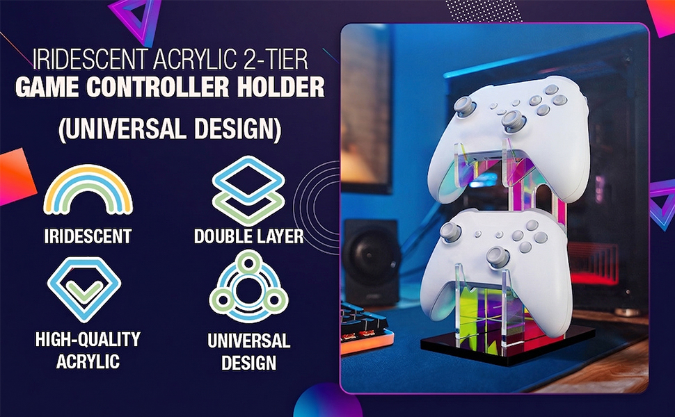 Iridescent Acrylic 2-Tier Universal Game Controller Holder Stand for PS5 Xbox ONE Switch