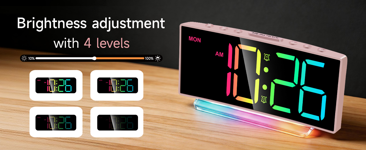 4 level brightness dimmer LED alarm clock adjustable display for bedroom bedside nightsta