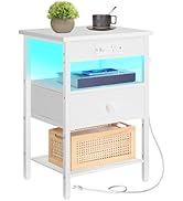 HOOBRO Nightstand with Charging Station, End Table with Adjustable Fabric Drawer, USB-A, Type-C, ...