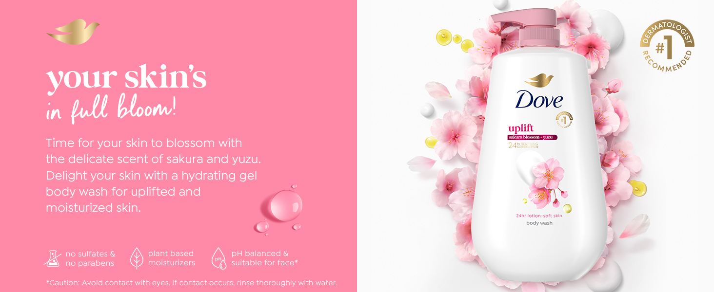 Text on pink background next to a Dove body wash bottle amid pink sakura blossoms and yuzu droplets.