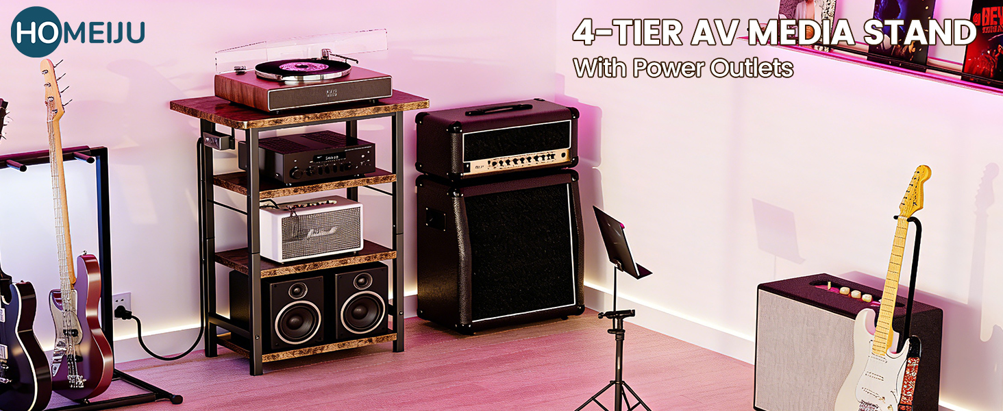 4-Tier AV Media Stand with Power Outlet, Wooden Record Player Stand