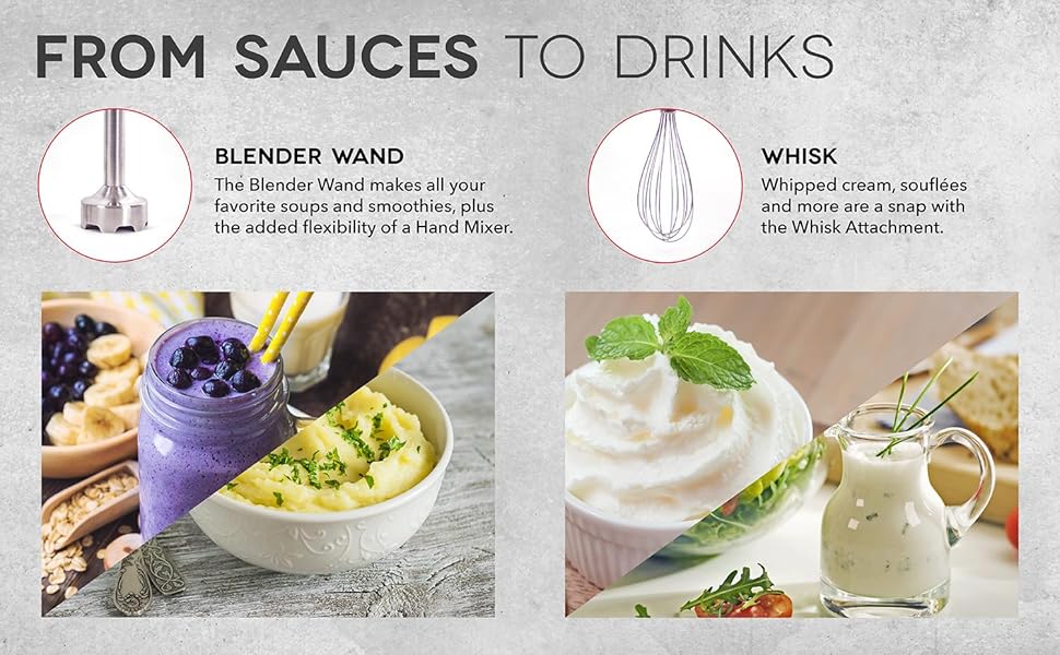 Hand Blender, Whisk, Puree, Blend, Turbo Blend, Milkshake
