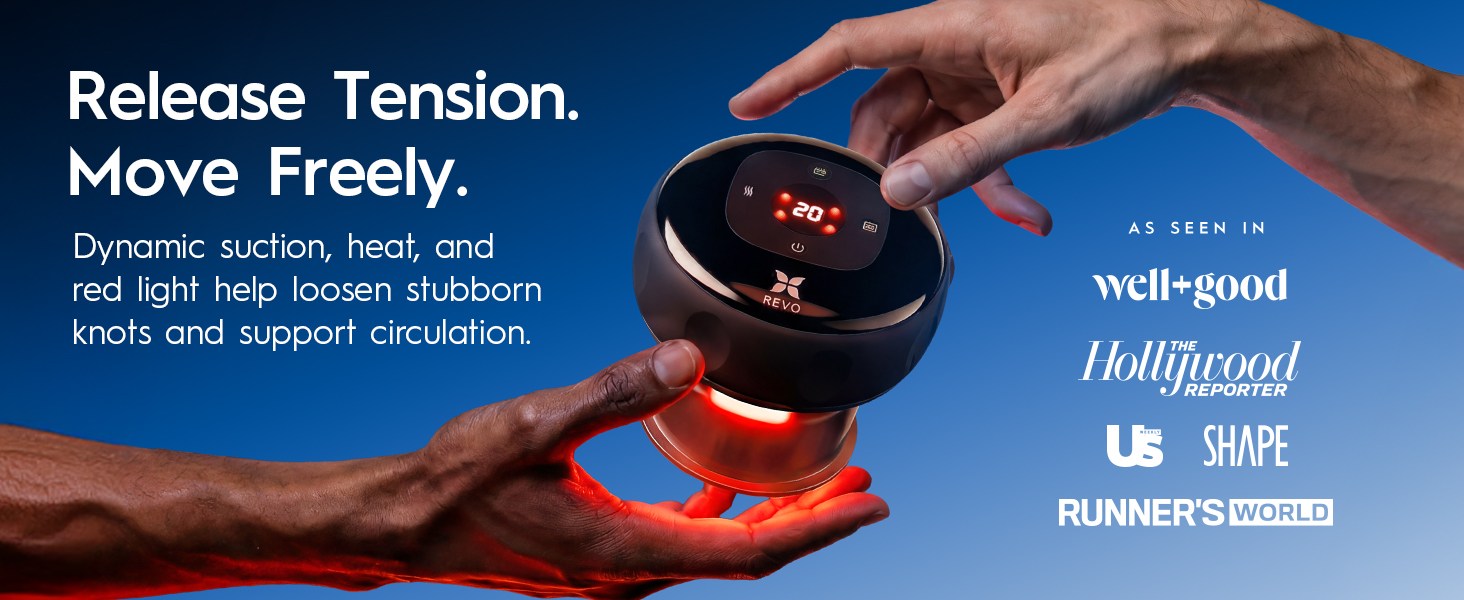 Black red light therapy device glowing between two reaching hands on gradient background