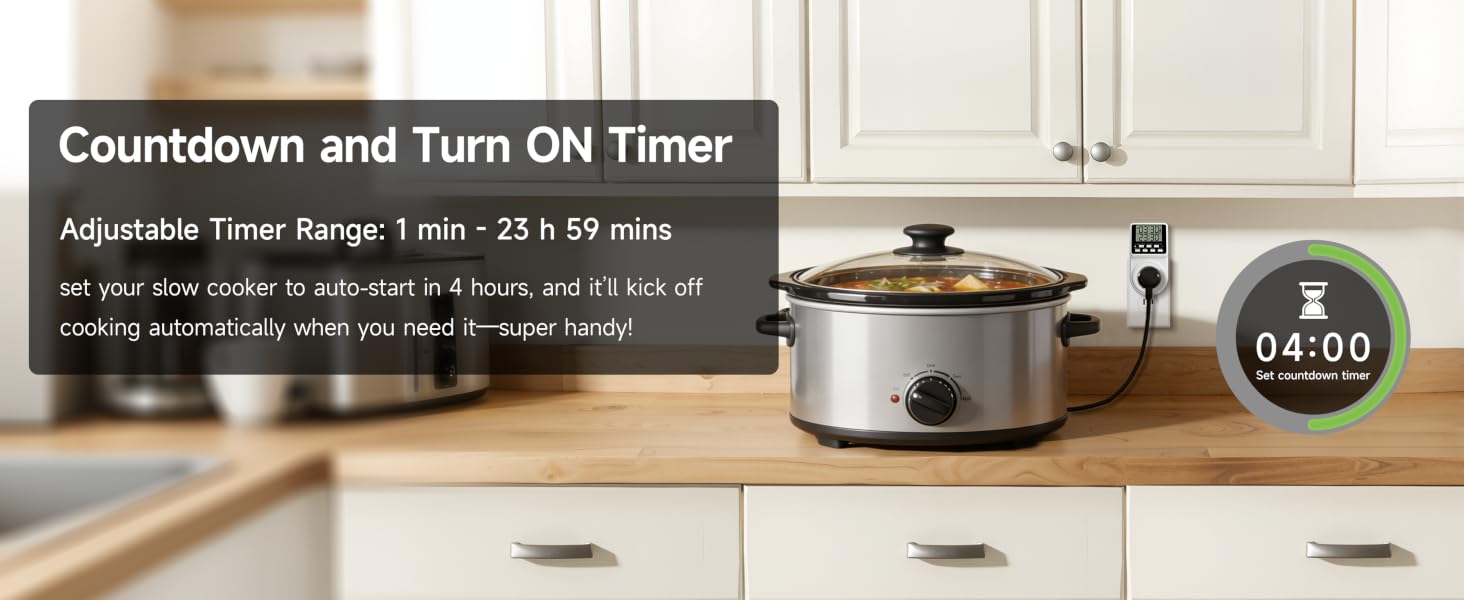 The slow cooker is connected to a timer outlet, and set your slow cooker to auto-start in 4 hours