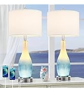 BesLowe 26in Tall Glass Table Lamps Set of 2 with 2 USB Charging Ports &amp; LED Nightlight, Large Co...
