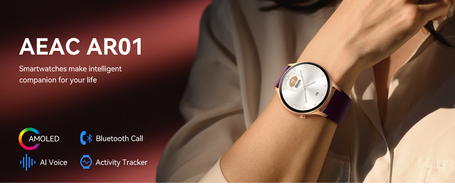 Text reads 'AEAC AR01'. Smartwatch promotional image showing AMOLED display and Bluetooth call features with icons against dark background.