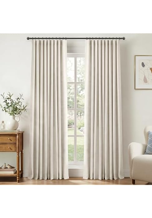 Linen Total Blackout Curtains for Bedroom 84 inch Long, Beige | 100% Blackout Shield, Clip Rings/...
