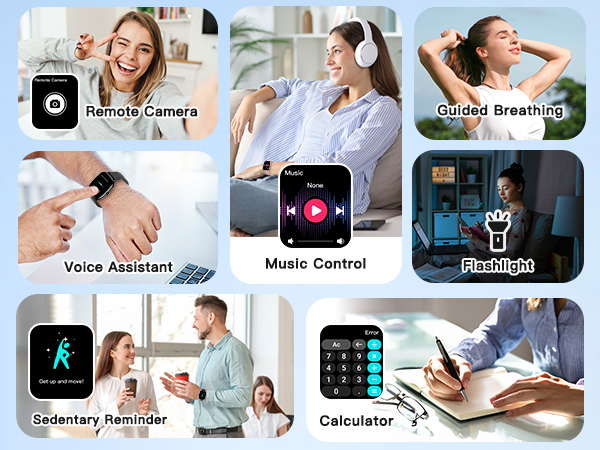 Smartwatch: camera remote, sedentary, breathing, voice assistant, music control, calculator