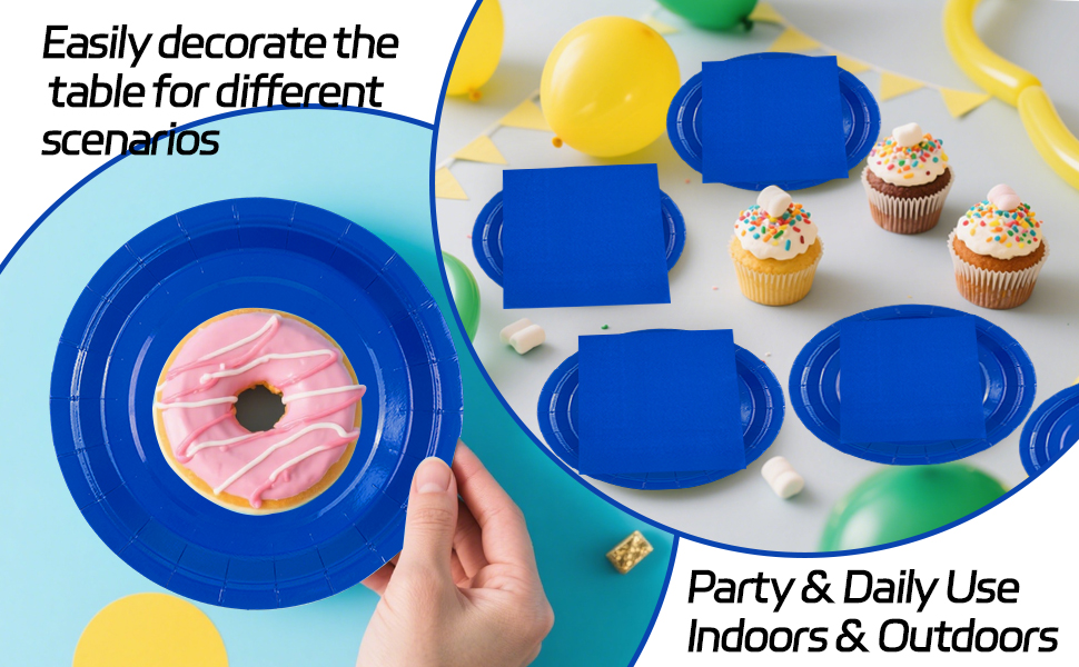 disposable blue paper plates and napkins