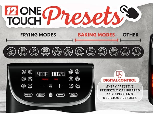Close-up of Gourmia air fryer’s digital control panel showing 12 cooking presets
