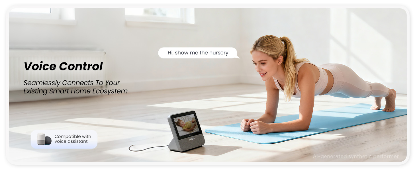 Woman is doing yoga in room, a voice control baby monitor ons the floor showing a baby&amp;#39;image
