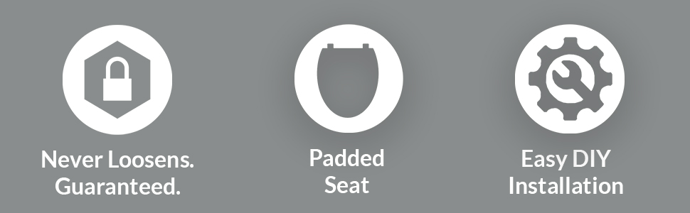 soft padded vinyl toilet seat for easy cleaning and comfort, chrome metal hinges never loosen