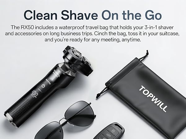 includes a waterproof travel bag that holds your 3-in-1 shaver and accessories on trips