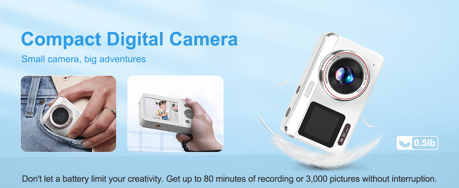 Lightweight &amp;amp; long-lasting. Weighs only 0.5lbs with battery for up to 80 mins of recording.