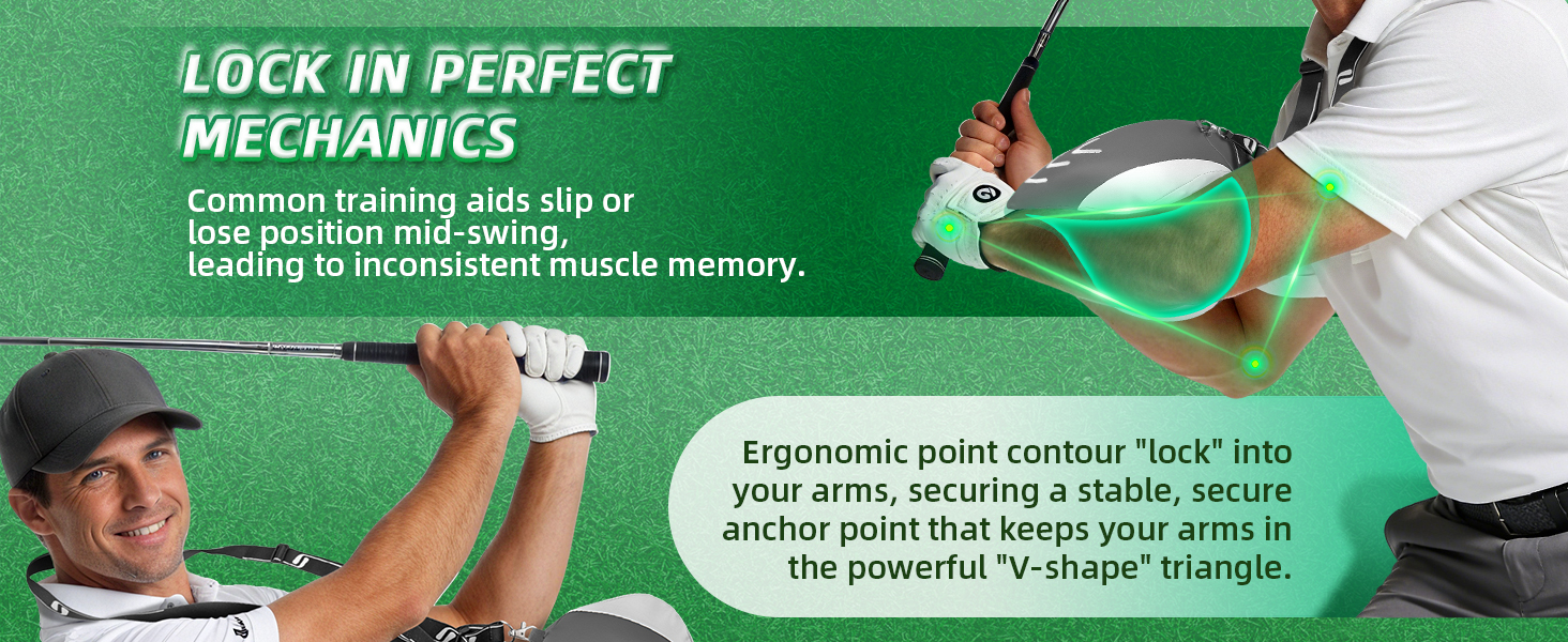 Ergonomic pointed contoured wings locking into the cradle between golfer&amp;#39;s arms