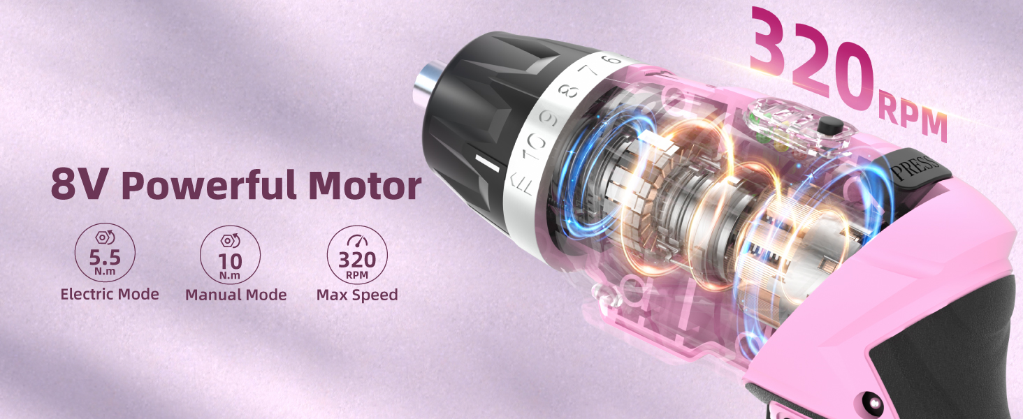 Transparent motor component with '8V Powerful Motor' and '320 RPM' text. Icons for 'Precise Mode', 'Powerful', and 'Long-lasting' visible.