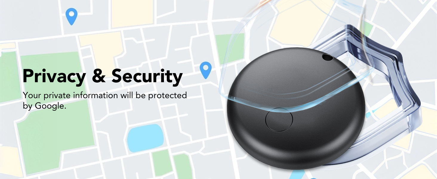 Text reads 'Privacy &amp; Security' with 'by Google' underneath. Shows a modern smart device with curved surface in dark gray color.