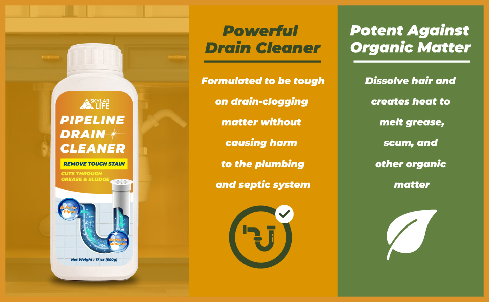Powerful Drain Cleaner Formulated to be tough on drain-clogging matter without causing harm