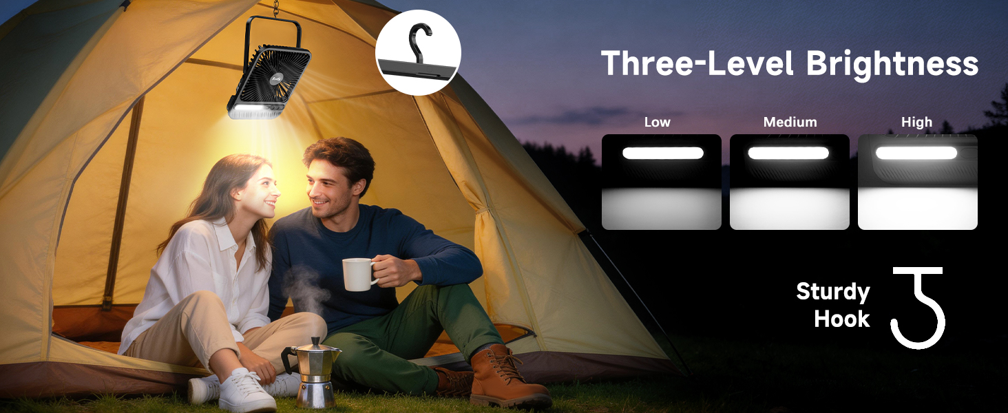 Text reads 'Three-Level Brightness' and 'Sturdy Hook 5'. Person inside illuminated tent holding lantern. Brightness control display showing three lighting level options. Camping lantern with adjustable brightness levels and sturdy hanging hook.