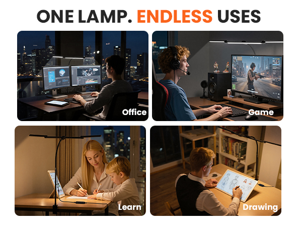 LED Desk Lamp for Office Home, Eye Caring Clip on Desk Light with Clamp