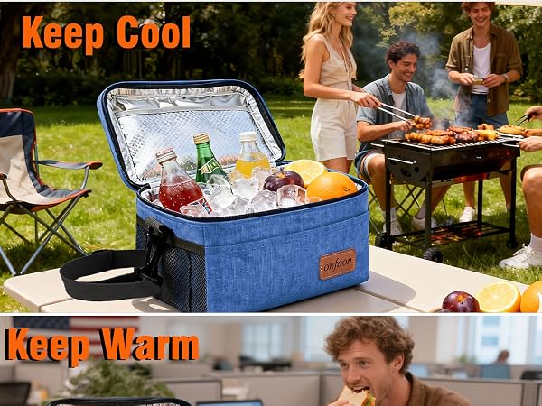 insulated lunch bag keeping drinks cool with ice and sandwiches warm, perfect for office lunch