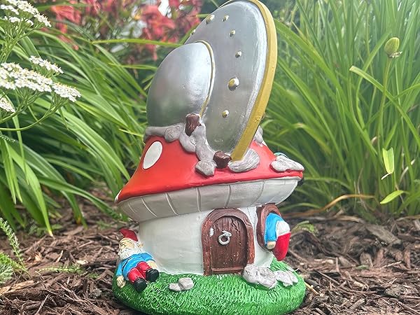 Gnometastic UFO Crash Landing Gnome into a gnome mushroom house, 8.85 inches tall