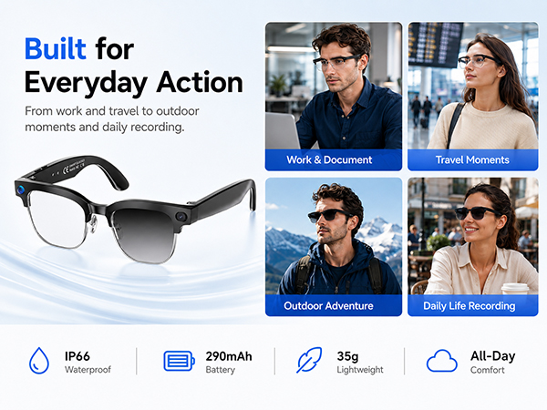 Smart camera glasses for work, travel, outdoor adventure, daily recording, 35g comfort and battery.