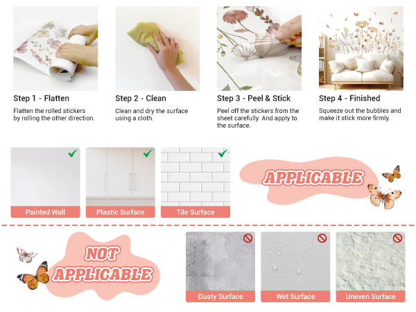 Text reads 'APPLICABLE' and 'NOT APPLICABLE'. Step-by-step installation guide showing pattern creation, cleaning, finding and sticking position, with example images of successful and unsuccessful application scenarios.