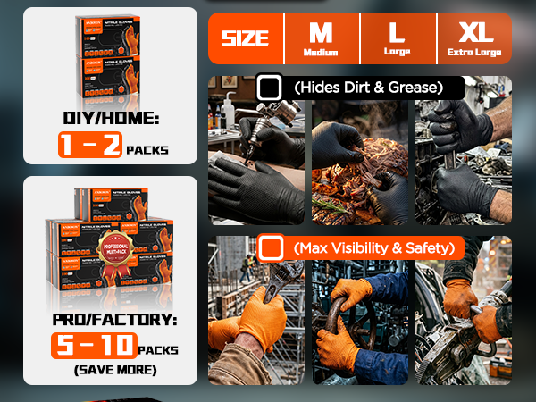 10mil nitrile gloves large or medium or XLarge ,orange or black-100/200/500/1000pcs